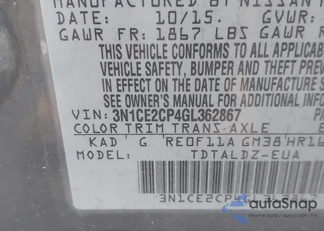 2016 Nissan Versa Note S (Sr)/S Plus/Sl/Sr/Sv z USA, uszkodzony, nr VIN 3N1CE2CP4GL362867